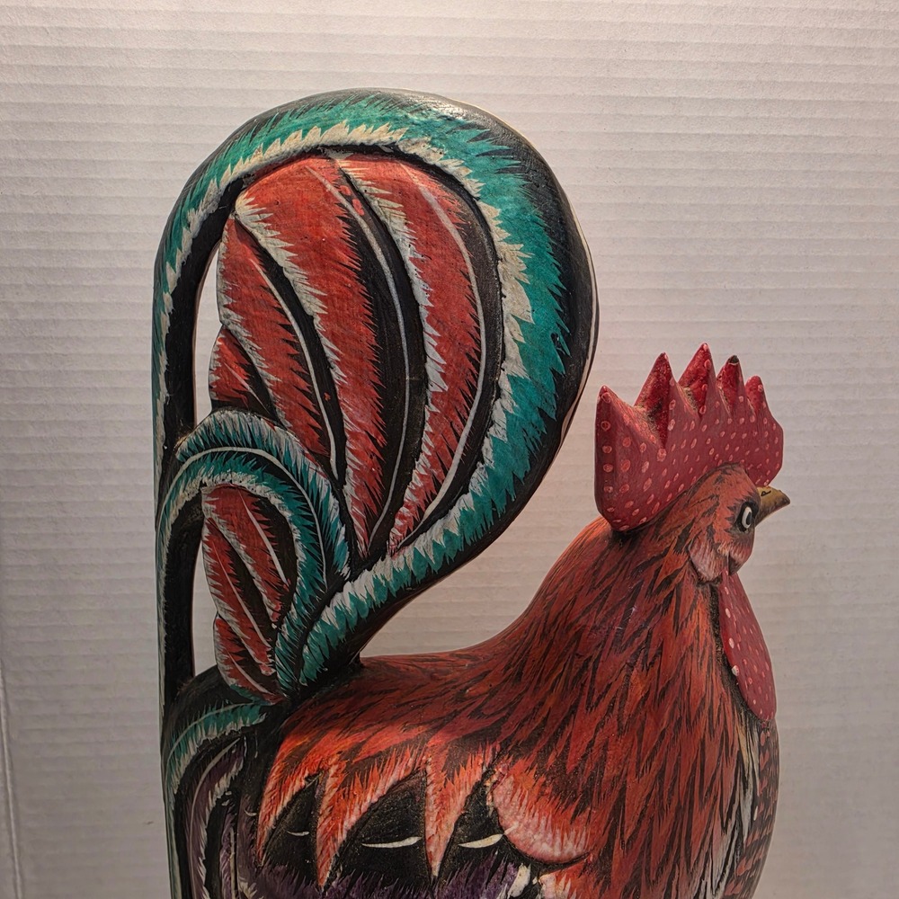 Hand Carved Wooden Rooster Figurine Hand Painted Folk Art Sculpture Rustic Decor - Picture 5 of 10